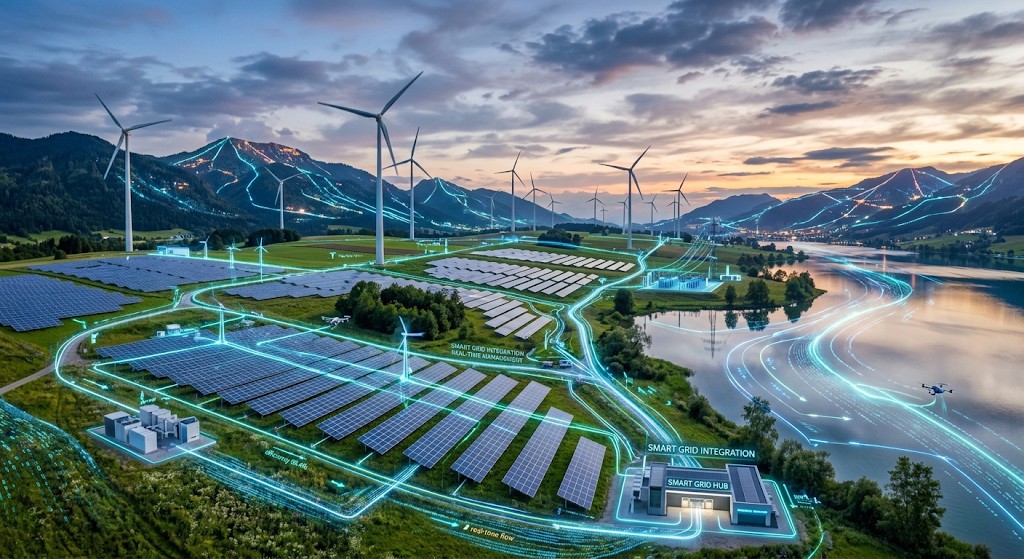 เครือข่ายโซลาร์ฟาร์มและกังหันลมเชื่อมต่อผ่านระบบ Smart Grid Hub ด้วยการวิเคราะห์ข้อมูลแบบเรียลไทม์